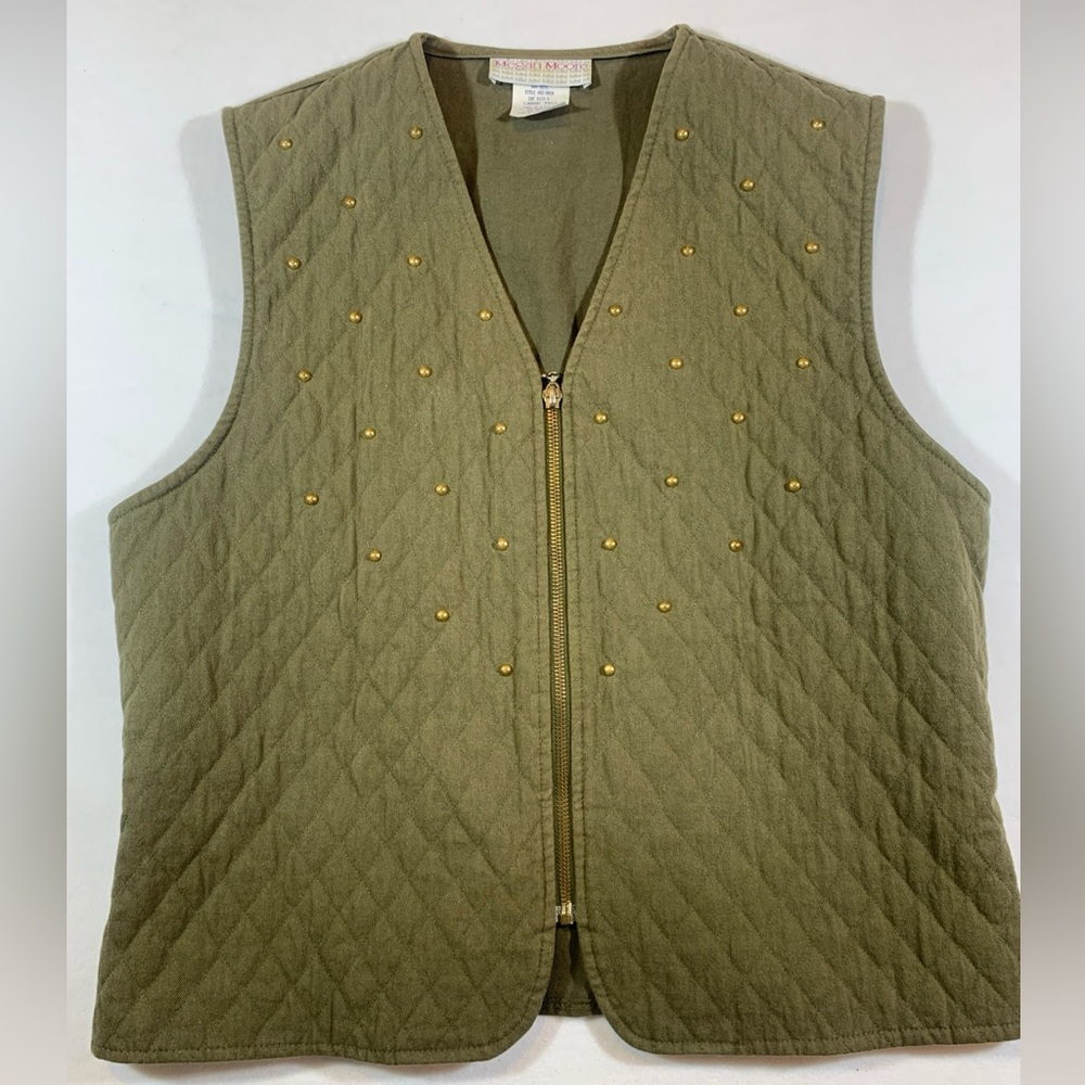 Vintage Megan Moore Quilted Vest Olive Gold Tone Studs Large Tall USA Y2K Cabin